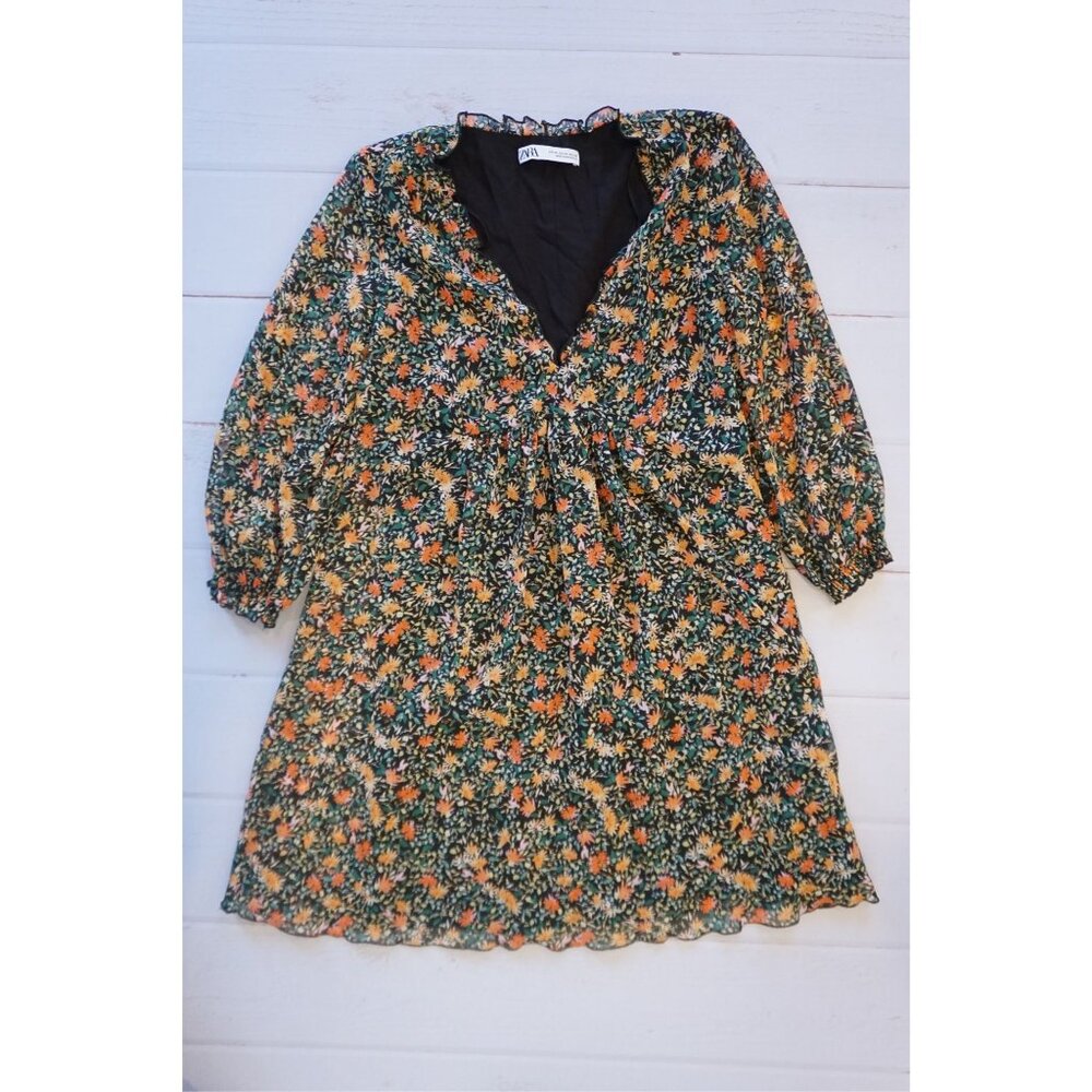 Zara Black Floral Long Sleeve Mini Dress Boho Chic - Size XS - Picture 2 of 5